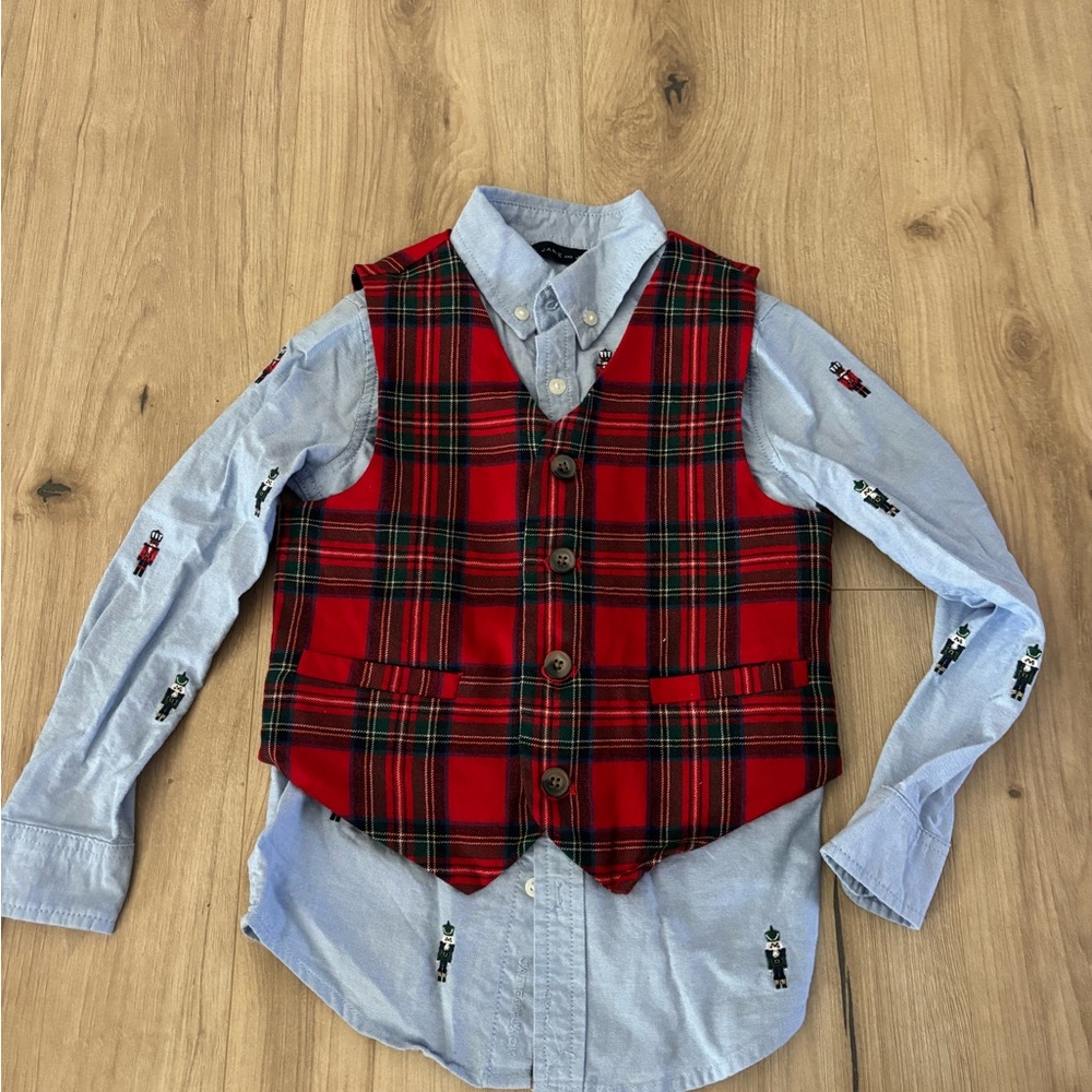 Janie and Jack Red Plaid Vest with Blue Button Down Shirt